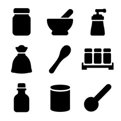 Spice Container Icons. Solid, filled icon set of spice containers: spice jar, mortar and pestle, spice grinder, sachet bag, wooden