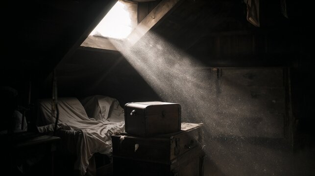 Sunbeam illuminating dust particles in a dark attic room with old vintage wooden chests and a bed covered by a sheet. Vintage film, fine grain.