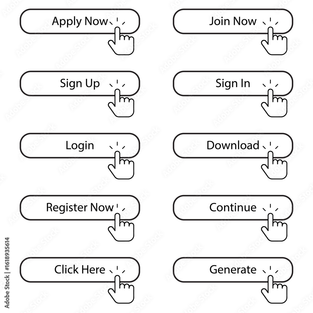 Aufkleber collection of simple line art call to action buttons with hand cursors on white
