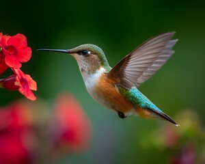 A hummingbird hovering near red flowers with wings spread in a garden on a bright sunny day