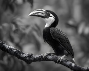 A black and white image of a hornbill perched on a branch in a forest setting with a blurry background