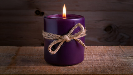 Elegant Purple Candle with Jute Twine and Rustic Wooden Background Offering Warmth and Serenity Creating a Cozy Atmosphere