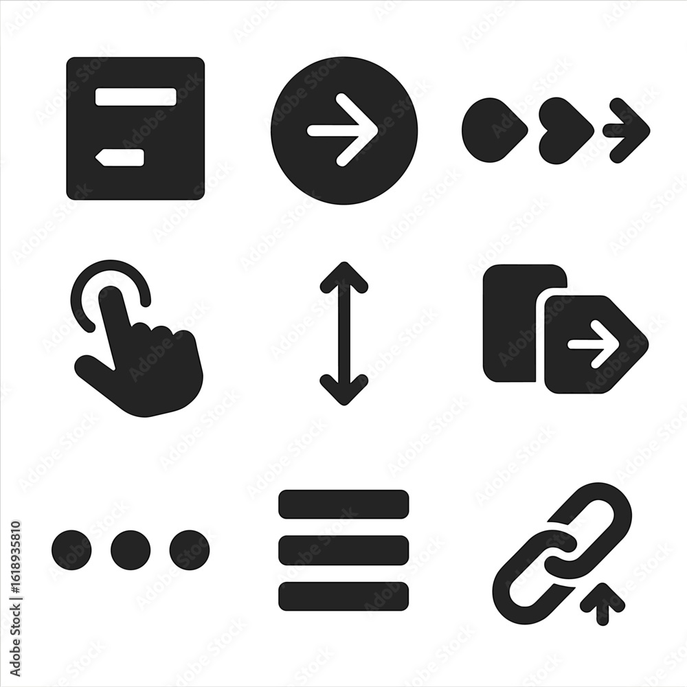 Poster navigation icons grid. solid, filled icons set of navigation microinteractions: menu open, back butt