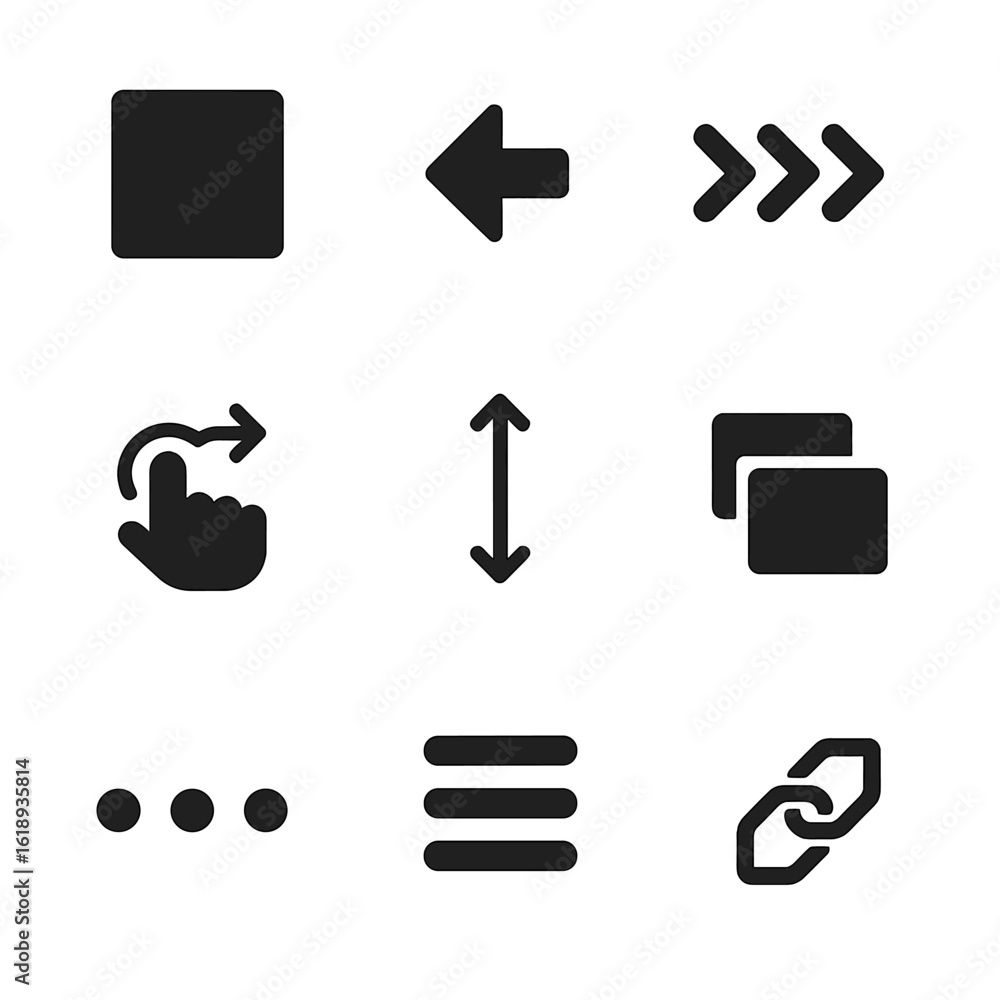 Poster navigation icons grid. solid, filled icons set of navigation microinteractions: menu open, back butt