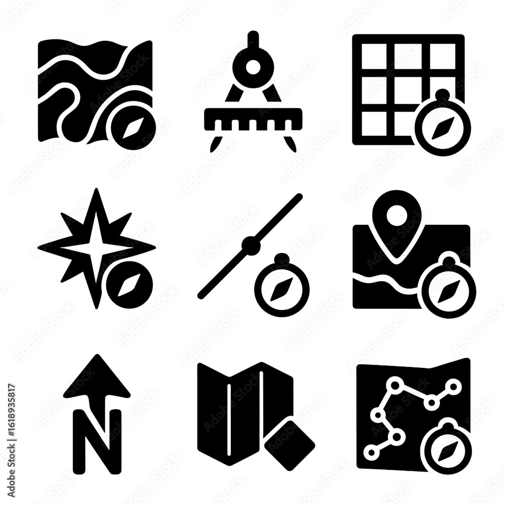 Poster navigational icons grid. solid, filled icons set of using a compass with a map: topographic map, map