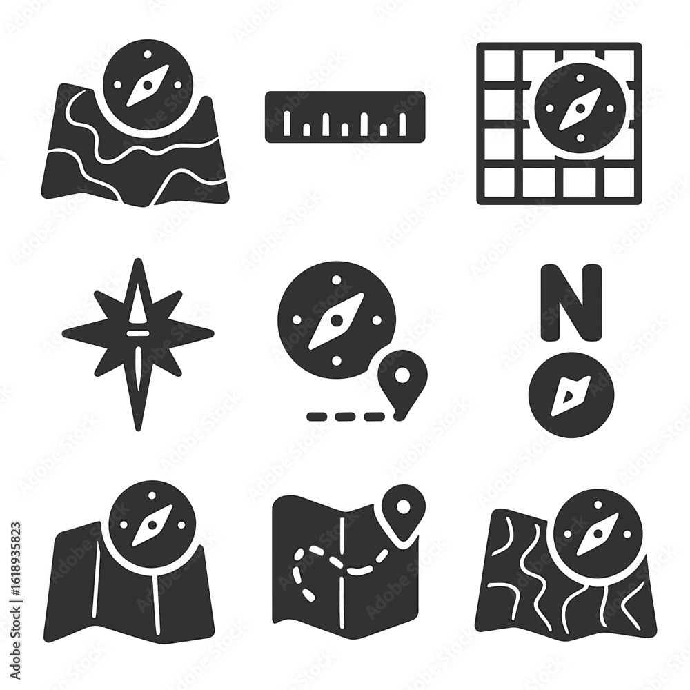 Poster navigational icons grid. solid, filled icons set of using a compass with a map: topographic map, map