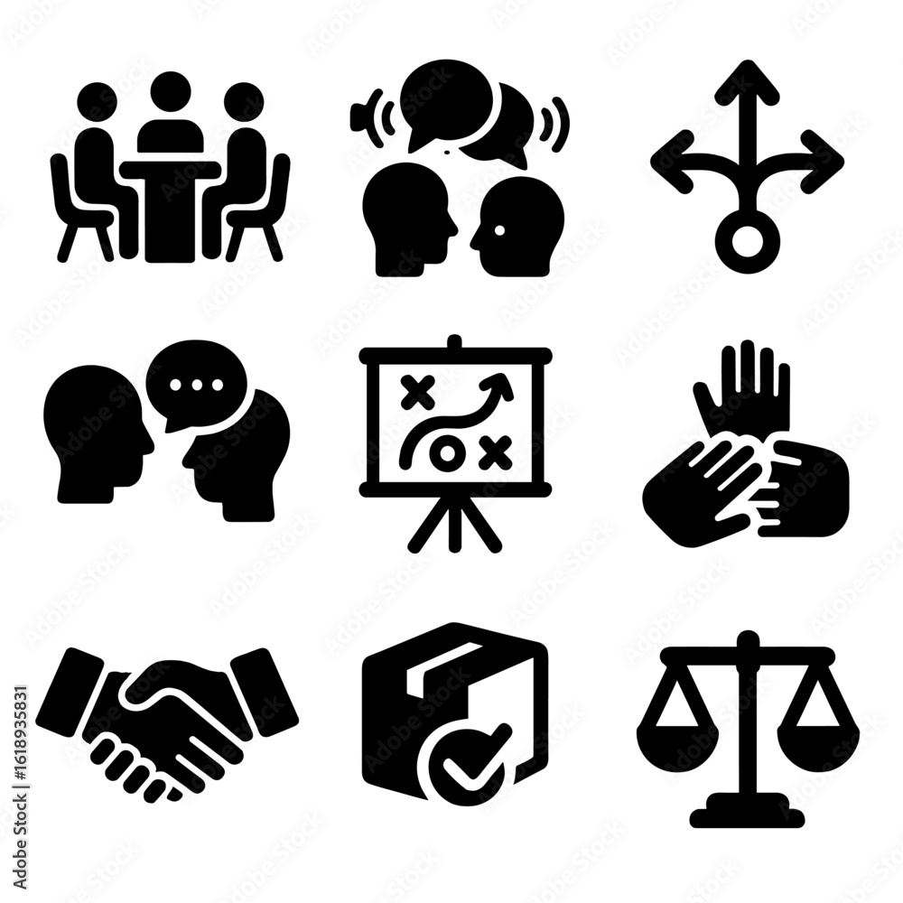 Poster negotiation icons grid. solid, filled icons set of negotiation settings: negotiation table, multiple