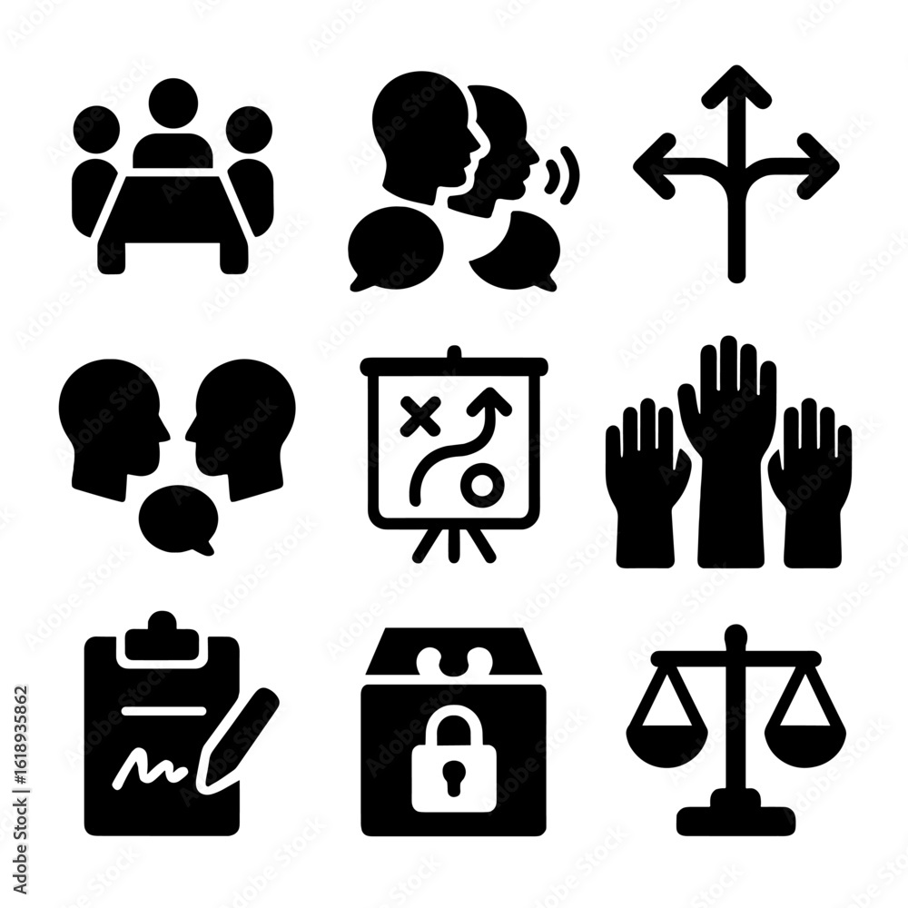 Poster negotiation icons grid. solid, filled icons set of negotiation settings: negotiation table, multiple