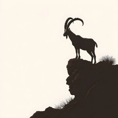 A silhouette of an ibex standing atop a rocky cliff against a light colored background in nature