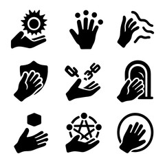 Obraz premium Supernatural Power Icons. Solid, filled icon set of supernatural power hands: energy blast, glowing fingertips, telekinesis waves,