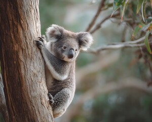 A koala clinging to a tree trunk in a natural environment with blurred foliage in the background