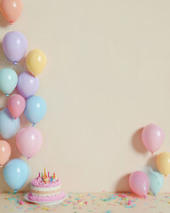 Colorful balloons and celebration setup with birthday cake and festive decorations
