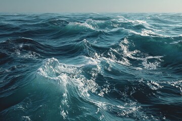 Fototapeta premium Ocean waves crash and churn, creating a dynamic display of teal water and white foam, driven by an unseen wind, showcasing the ocean's raw power and beauty