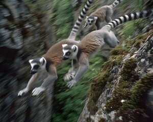 Ring tailed lemurs leaping across rocks and moss covered ground in a blurry motion shot outdoors