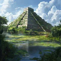 Mayan pyramid surrounded by lush tropical vegetation and tranquil pond