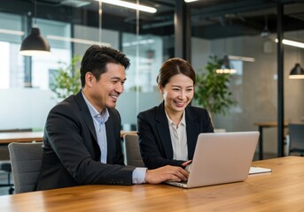 Two colleagues collaborating on a laptop smiling and engaged in a modern office setting discussing project details