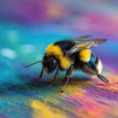 Macro shot of a bumblebee on a colorful textured background