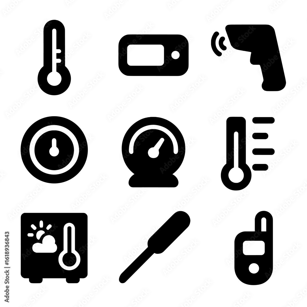 Poster temperature icon set. solid, filled icon set of temperature measurement tools: thermometer, digital 