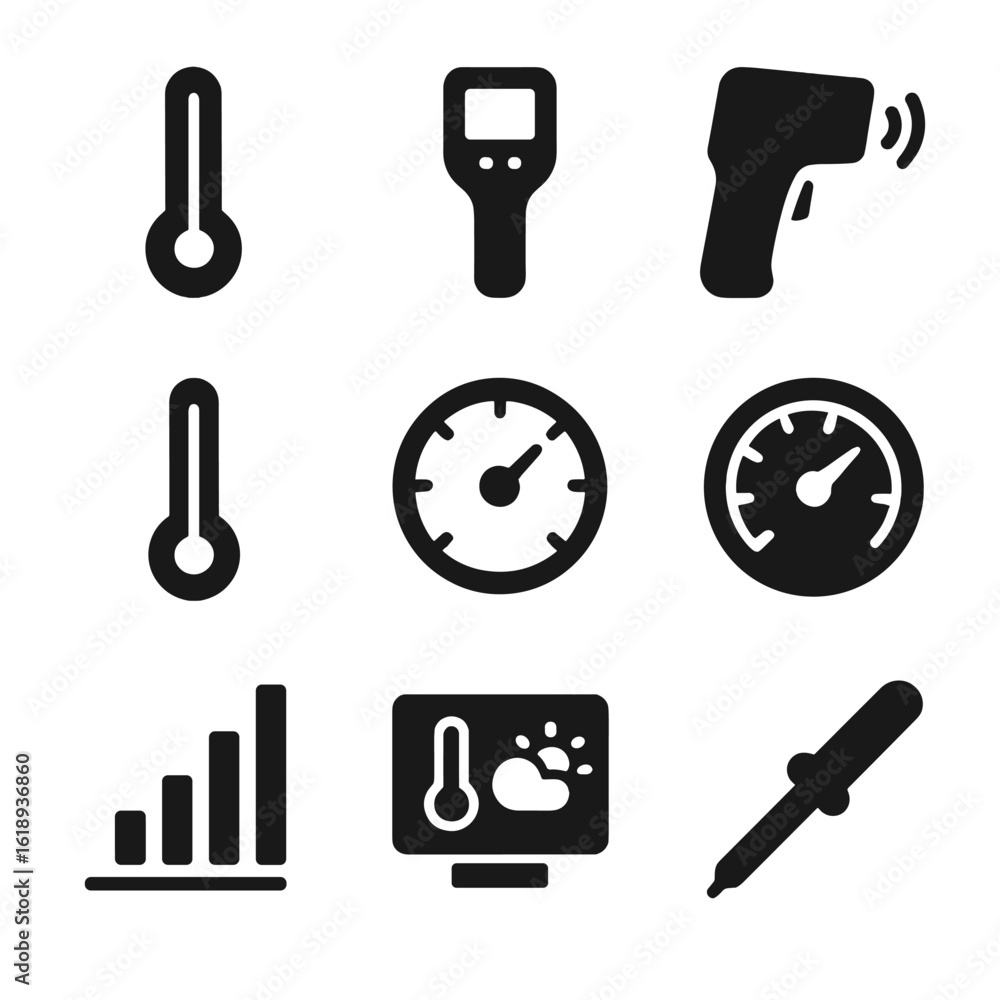 Poster temperature icon set. solid, filled icon set of temperature measurement tools: thermometer, digital 