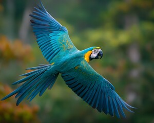 A vibrant blue and yellow macaw soaring through the air with its wings fully extended in flight mode