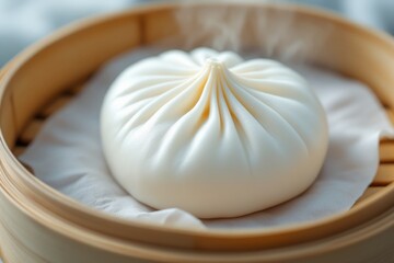 A perfectly steamed, white Asian bun with a pleated top, resting in a traditional bamboo steamer, with a hint of steam rising