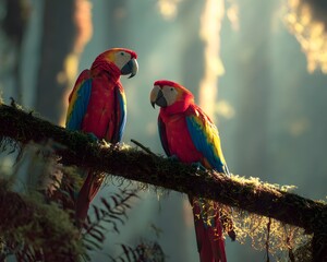 Two scarlet macaws perched on a mossy branch in a sunlit forest looking at each other closely