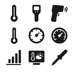 Obraz premium Temperature Icon Set. Solid, filled icon set of temperature measurement tools: thermometer, digital display, mercury tube,