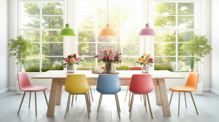 Bright dining room with colorful chairs and large sunlit windows overlooking greenery