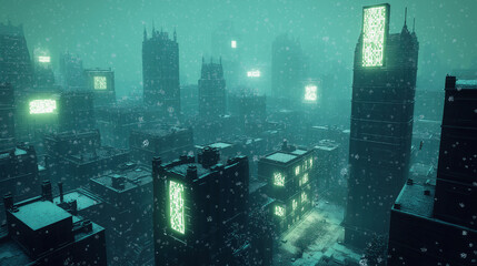 Futuristic cityscape illuminated with glowing green lights under a snowy sky