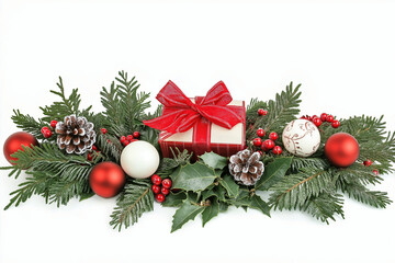 Festive holiday arrangement with evergreen branches, ornaments, and a red gift box