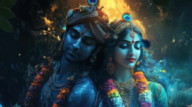 Hindu God Krishna with his consort Radha depicted in a spiritual scene. God Krishna shows Radha in a peaceful composition with religious garlands and ornaments