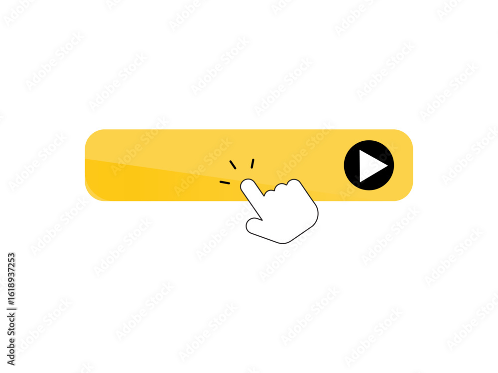 Poster hand cursor clicking on a yellow play button, indicating interaction or starting a video playback.