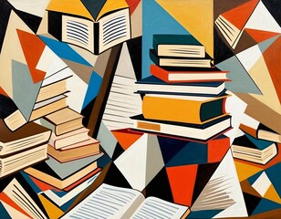 Abstract Artwork Featuring a Colorful Composition of Books and Geometric Shapes