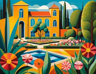 Vibrant Illustration of a House with Garden and Colorful Surroundings