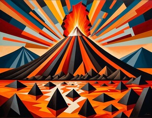 Abstract Representation of a Volcano Eruption with Geometric Elements and Vibrant Colors