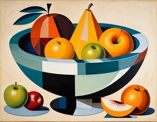 Cubist Style Bowl of Fruit With Vibrant Geometric Shapes and Patterns