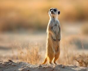 A meerkat standing upright on a sandy mound looking up with a blurred background of dry grass and sky