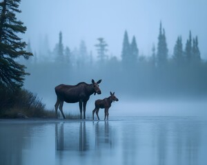 A moose and calf standing in a misty lake with a forest background on an overcast day outdoors