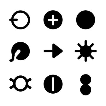 Particle Icon Grid. Solid, filled icon set of fundamental particles: electron, proton, neutron, quark, neutrino, photon, gluon,