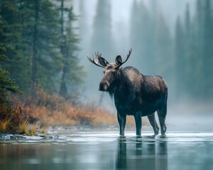 A large moose standing in shallow water with a forest and fog in the background on a misty morning