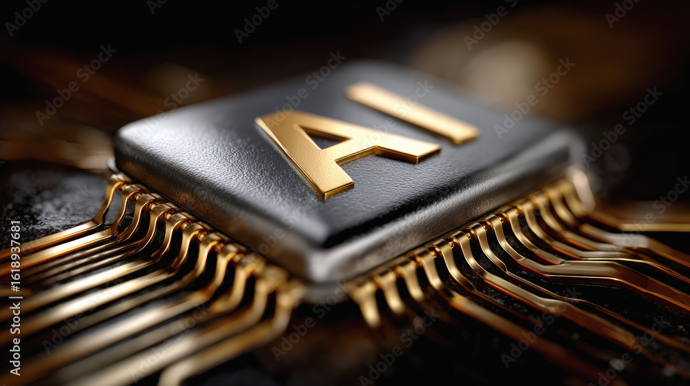 Poster ai chip with golden letters on dark circuit board, symbolizing advanced technology and innovation in
