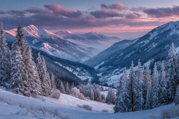 Winter mountain landscape during twilight features snow-covered evergreen trees and distant peaks under a pink and purple hued cloudy sky