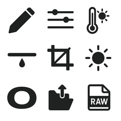 Obraz premium Photo Editing Icons. Solid, filled icons set of post-processing symbols: edit icon, contrast sliders, color