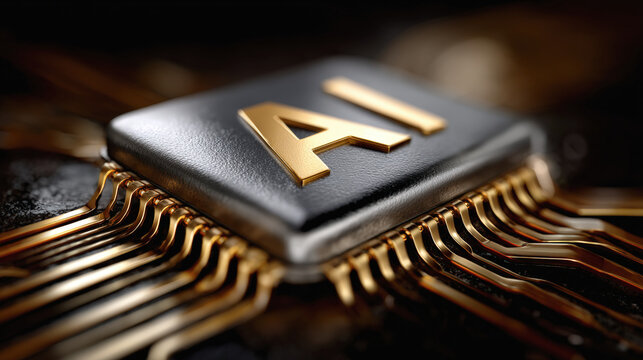 AI chip with golden letters on dark circuit board, symbolizing advanced technology and innovation in artificial intelligence