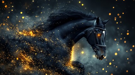 Majestic black horse with glowing eyes galloping through a mystical landscape filled with sparkling golden dust and swirling shadows, embodying power and grace in motion