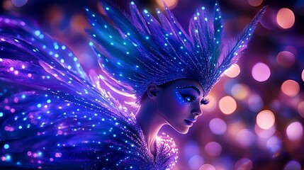 Ethereal female figure adorned with luminous feathers and sparkling lights, set against a vibrant bokeh background, embodying a magical and enchanting atmosphere