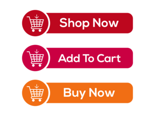 Three e-commerce call-to-action buttons: "Shop Now", "Add To Cart", and "Buy Now", featuring shopping cart icons on a white background.