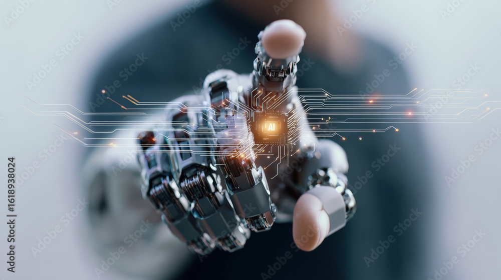 Poster futuristic robotic hand reaching out, showcasing advanced technology and artificial intelligence wit
