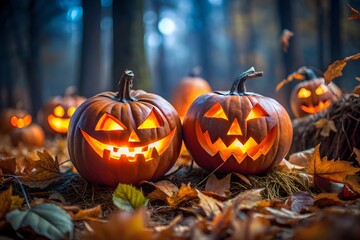 Fototapeta premium Two carved pumpkins glowing in a dark forest at night