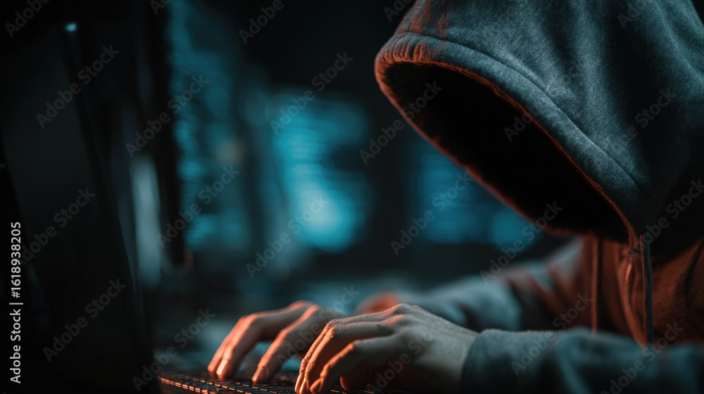 Poster cybersecurity expert working on computer in dark environment, focused on preventing cyber threats an